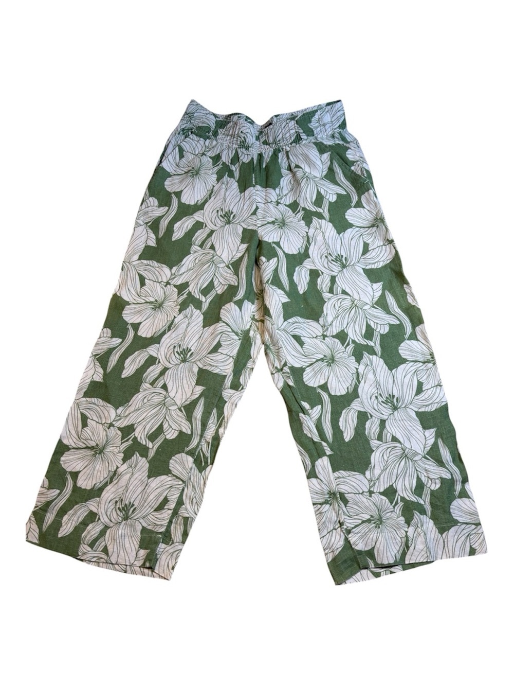 Tahari Luxe 100% Linen Wide Leg Cropped Pants Green Floral Size Medium EUC
